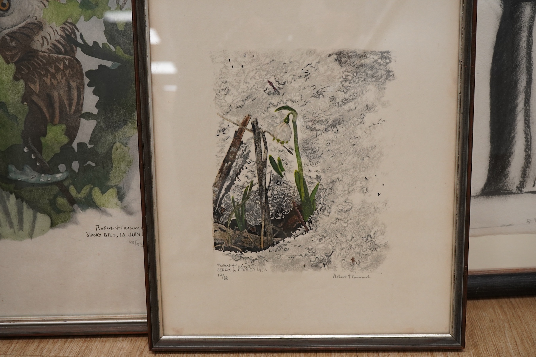 Robert Hainard (Swiss, 1906-1999), 'Perce-Neige' and 'Short-eared eagle', each signed in pencil and limited edition, The Tyron Gallery labels verso, pair of woodcuts, largest 38 x 47cm